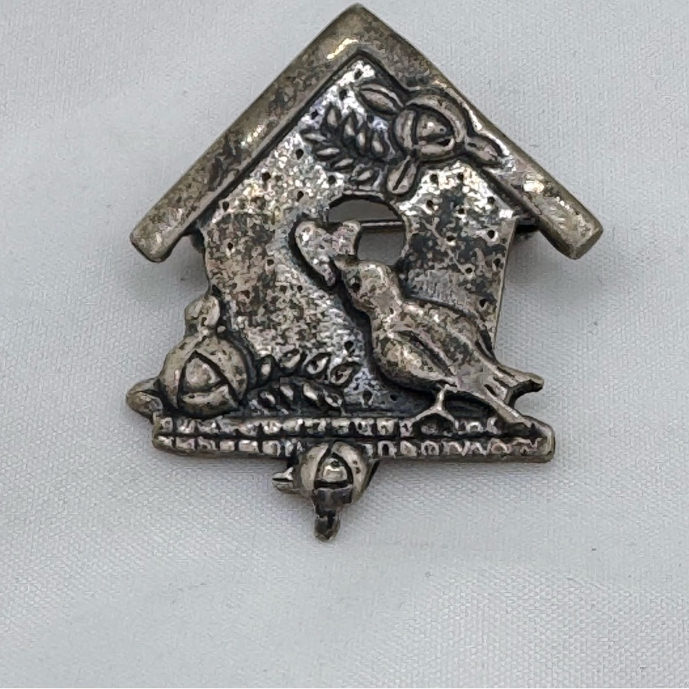 Mary Engelbreit vintage patina 925 silver birdhouse pin brooch signed 5.8 grams